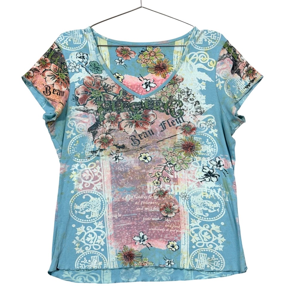 Y2K Boho Floral Graphic Tee Rhinestone Embellished Whimsigoth Fairy Top